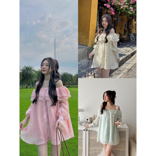 Set áo tơ bèo tầng trễ vai cúc dọc”lili” tặng kèm quần sooc tiểu thư