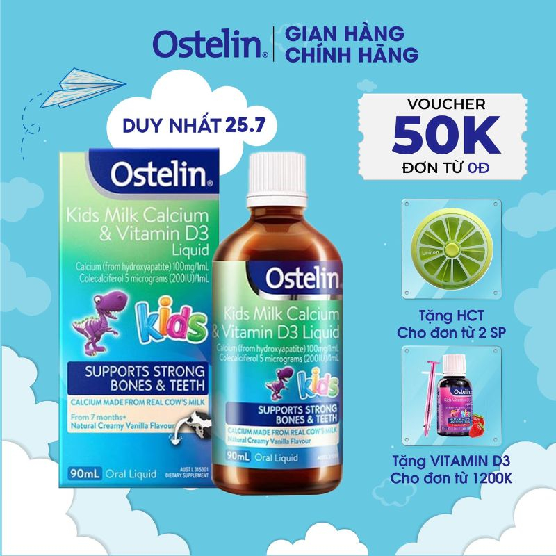 Canxi và Vitamin D3 200IU dạng nước cho bé Ostelin Kids Milk Calcium & Vitamin D3 Liquid 90ml của Úc