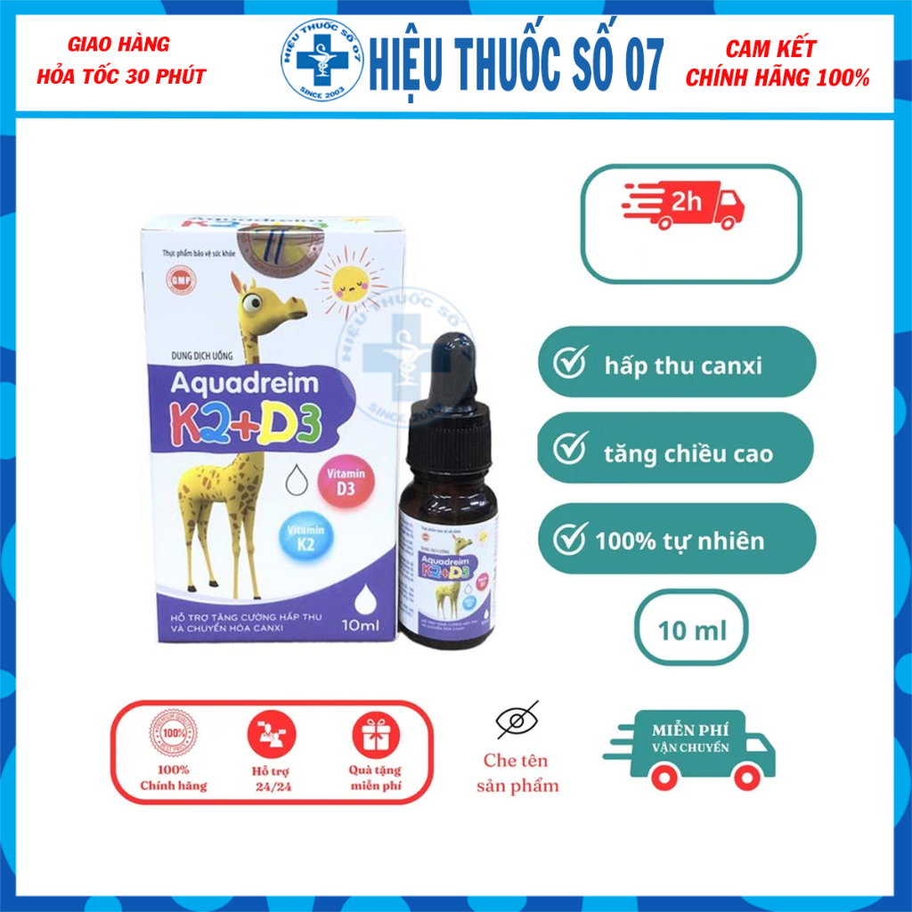 Aquadreim K2+D3 bổ sung vitamin d3 cho trẻ sơ sinh, giúp hấp thụ d3k2 canxi, giảm còi xương D3D2 , tăng chiều cao