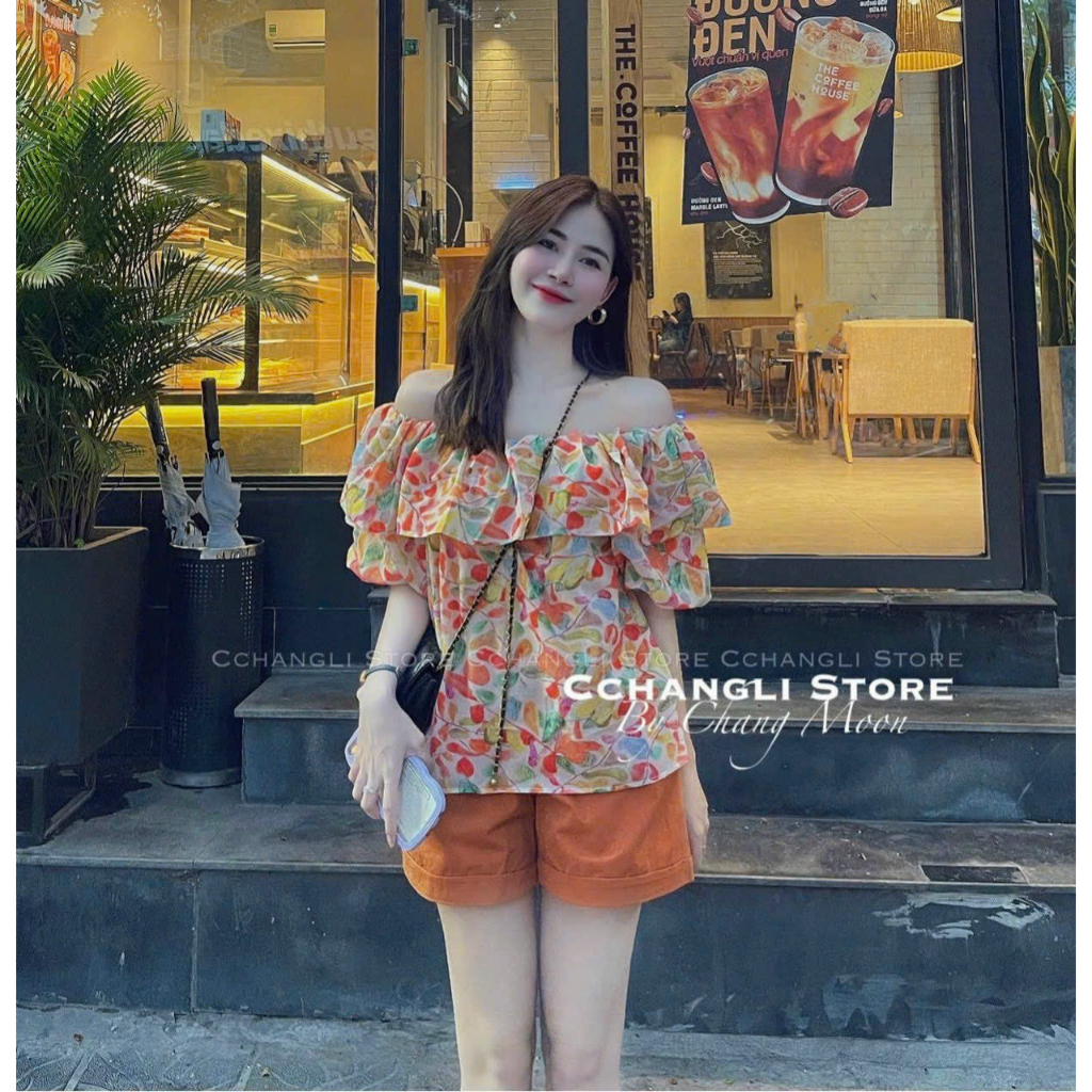 Set đồ nữ ão trễ vai tay bồng hoa mix quần đùi màu cam đi biển, đi chơi, Set áo kiểu thời trang - Shopngoo fashion