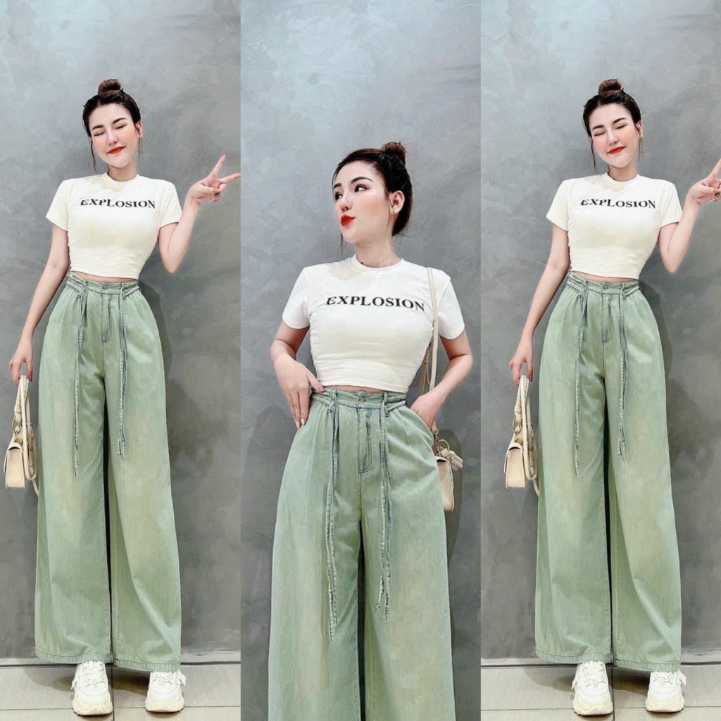 Set bộ đồ nữ áo croptop in chữ quần ống suông buộc dây lưng cạp cao dành cho nàng cá tính năng động màu lạ