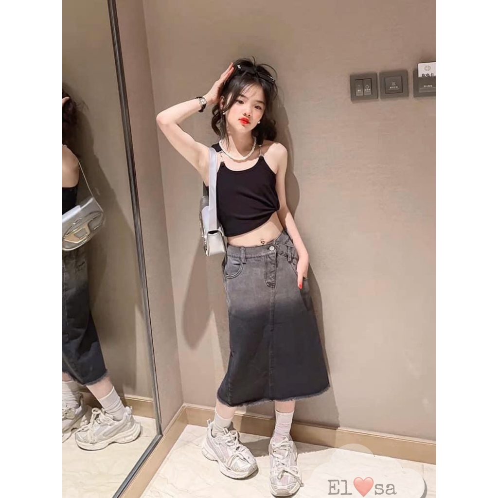 Sét bé gái- Set Áo Dây Kèm Chân Váy Bò Dáng Dài Siêu Xinh Cho Bé 1-8 Tuổi