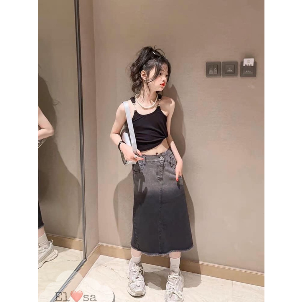 Sét bé gái- Set Áo Dây Kèm Chân Váy Bò Dáng Dài Siêu Xinh Cho Bé 1-8 Tuổi