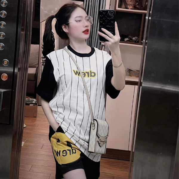 Áo thun kẻ sọc nam nữ form rộng tay lỡ vải cotton organic Áo thun chữ sọc hàng cao cấp