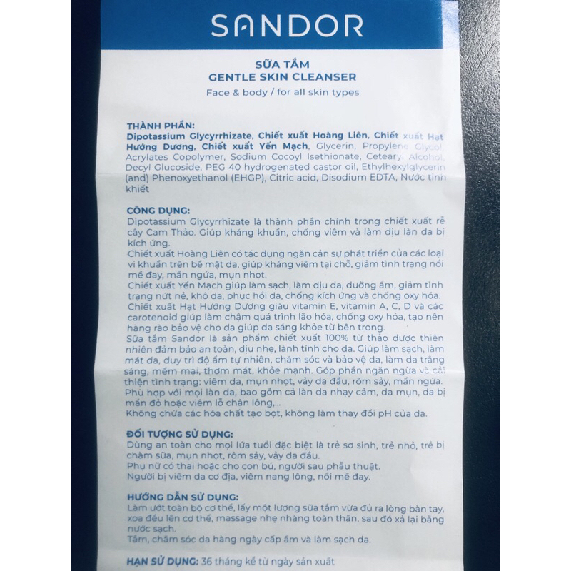 Sữa tắm Sandor Mẫu mới  - Tắm hàng ngày giúp cấp ẩm, làm sạch và làm dịu da toàn thân 300ml