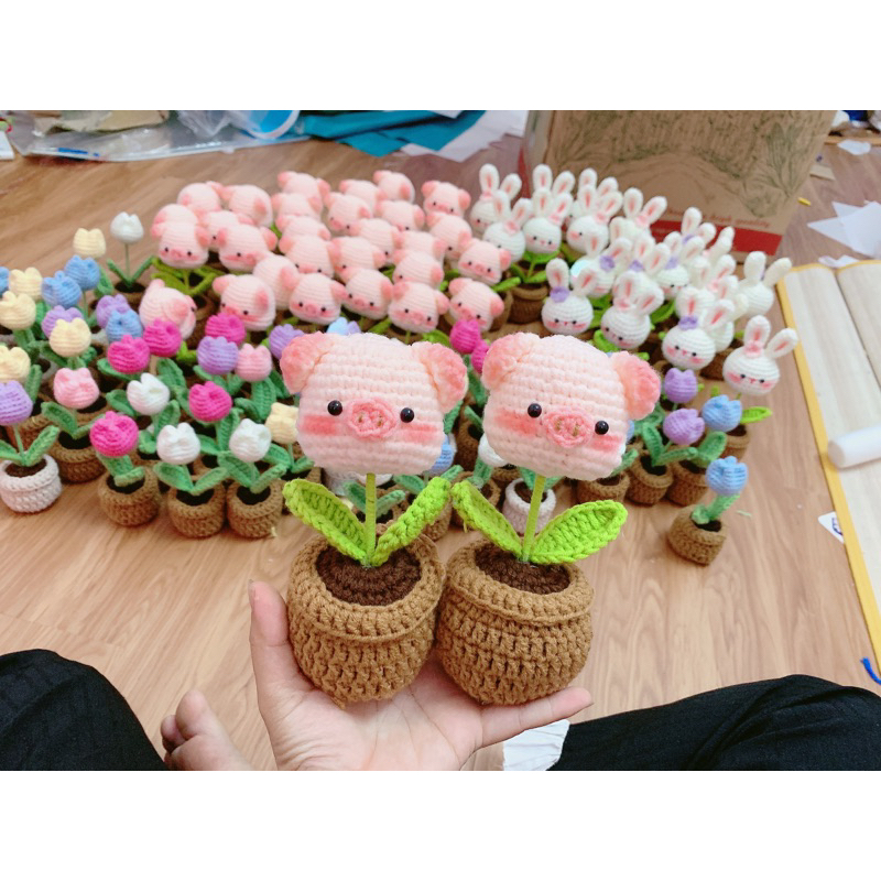 Chậu hoa len handmade mini hình đầu thú