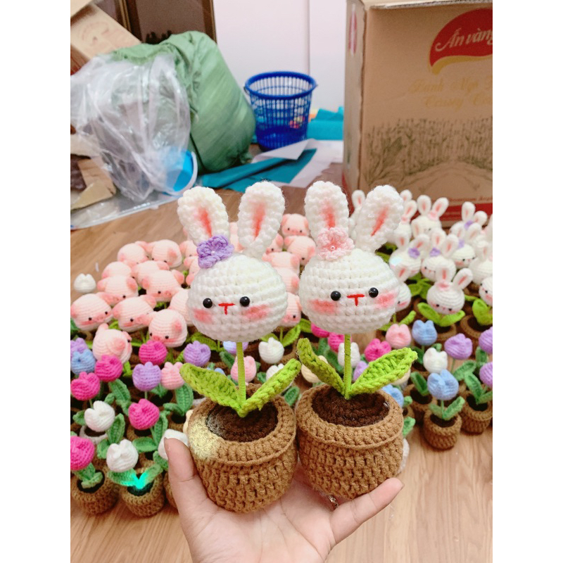 Chậu hoa len handmade mini hình đầu thú