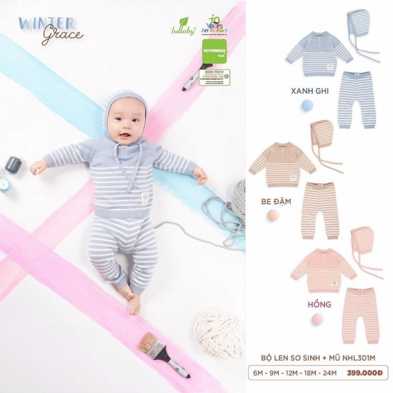 Bộ len sơ sinh kèm mũ dày dặn cho bé LULLABY NHL301M