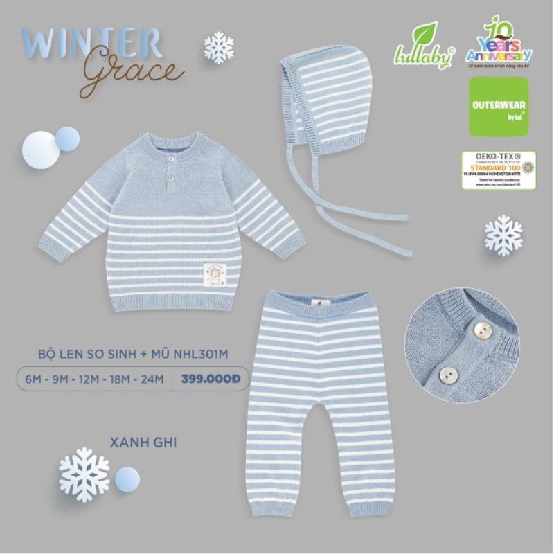 Bộ len sơ sinh kèm mũ dày dặn cho bé LULLABY NHL301M