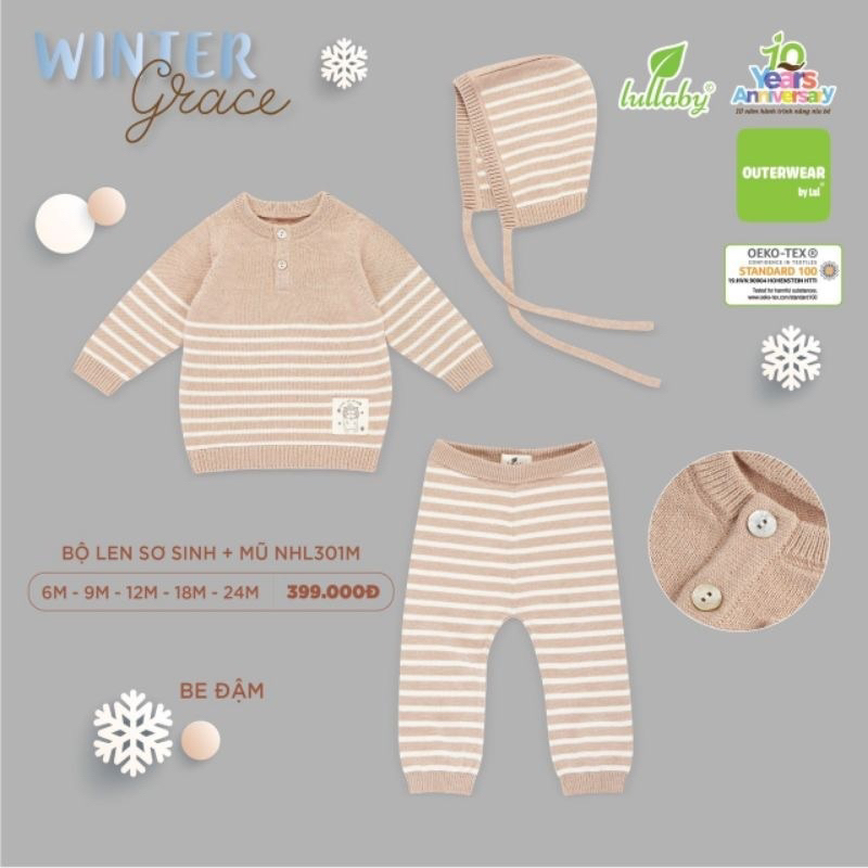 Bộ len sơ sinh kèm mũ dày dặn cho bé LULLABY NHL301M