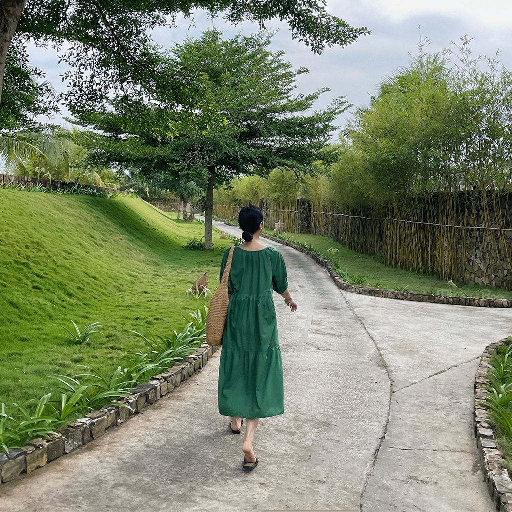 Đầm Nữ Thuongboo Form Dáng 3 Tầng Chữ A Tay Áo Bo Lạ Mắt Chất Silk Cotton Mềm Mại Thoải Mái Màu Xanh Rêu - Taha Dress