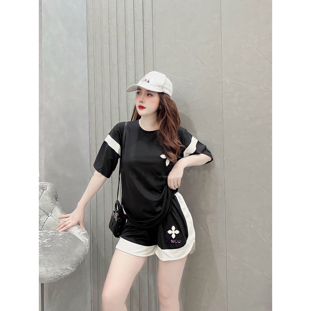Bộ Áo Phông Chữ Thập Kèm Quần Short Phối Màu In Hình 2 Màu Co Giãn Siêu Tôn Dáng Va13 Thời Trang Hè