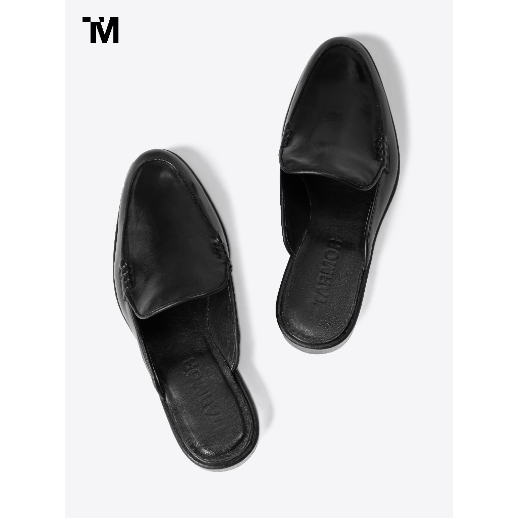 Giày Sục Nam Nữ TARMOR Màu Đen Da Thật Flat Mules in Black Leather