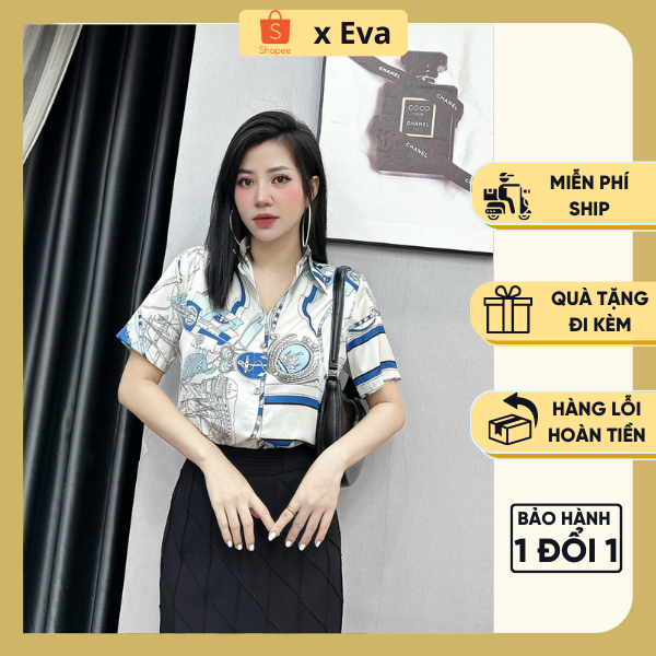 Áo sơ mi nữ cộc lụa cao cấp hoạ tiết trắng xanh mát