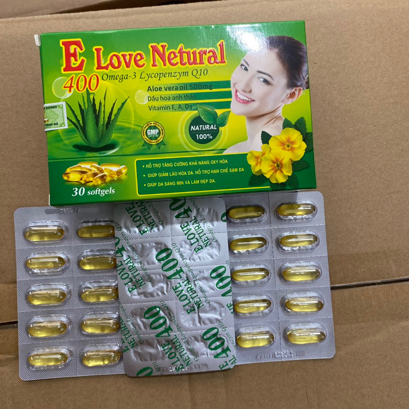 Vitamin E400 iu hàm lượng cao tinh dầu hoa anh thảo E Love Netural 400IU giúp làm sáng da ,giảm oxy hóa - Hộp 30 viên