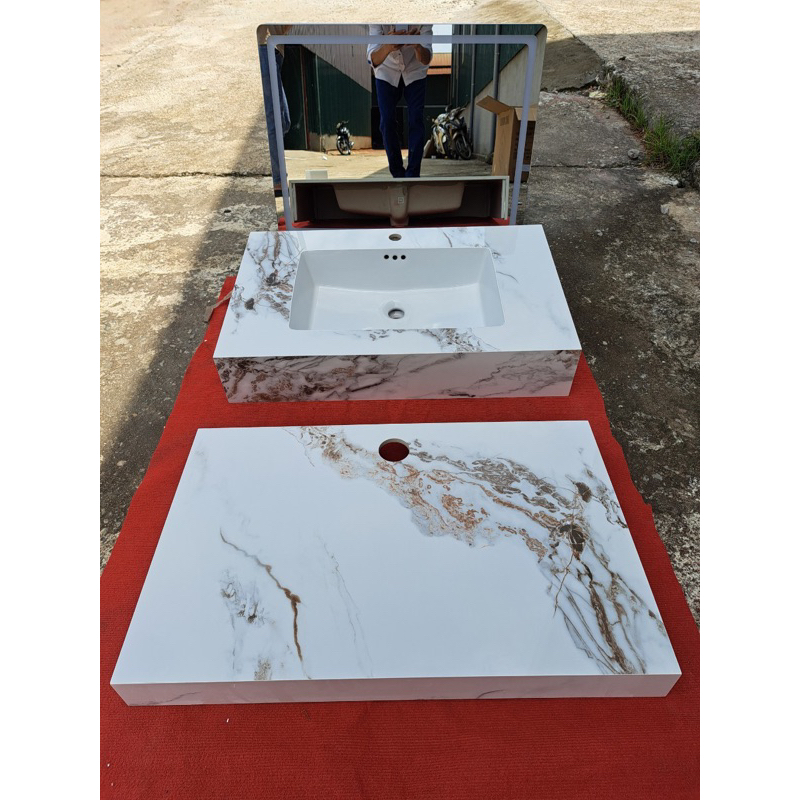 Combo bàn đá đôi TRÀN VIỀN + gương Led cảm ứng 50x80