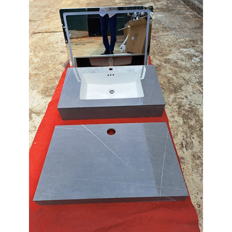 Combo bàn đá đôi TRÀN VIỀN + gương Led cảm ứng 50x80