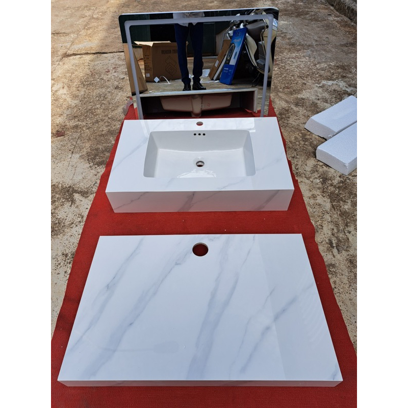 Combo bàn đá đôi TRÀN VIỀN + gương Led cảm ứng 50x80