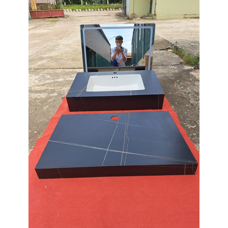 Combo bàn đá đôi TRÀN VIỀN + gương Led cảm ứng 50x80