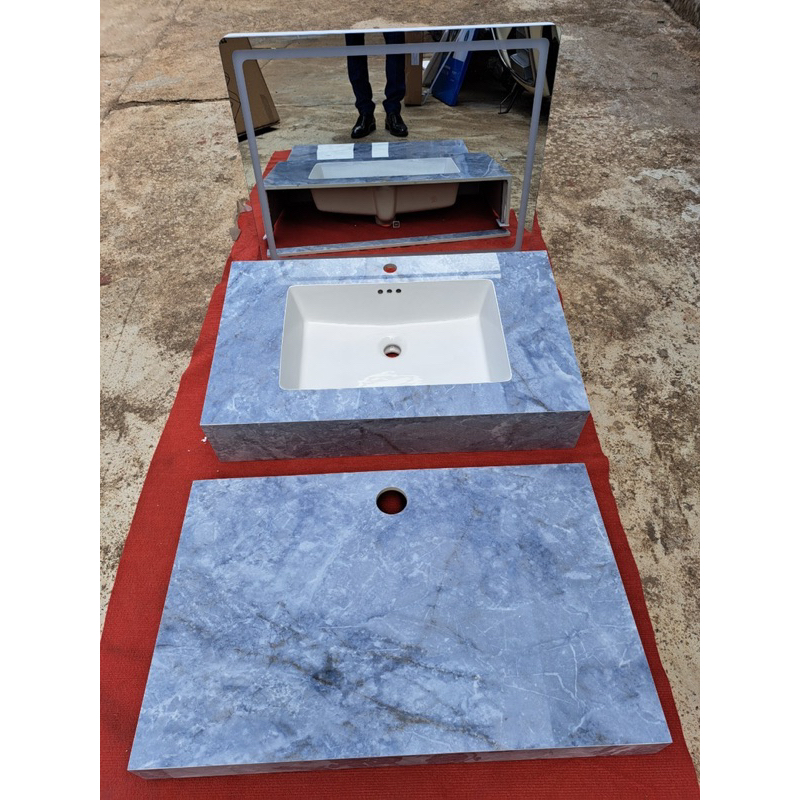 Combo bàn đá đôi TRÀN VIỀN + gương Led cảm ứng 50x80