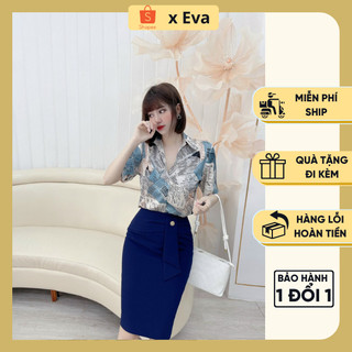 Áo sơ mi nữ cộc tay lụa Hàn hoạ tiết tờ báo xanh
