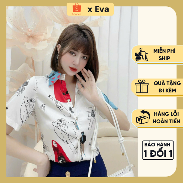 Áo sơ mi nữ lụa cộc tay hoạ tiết sáng