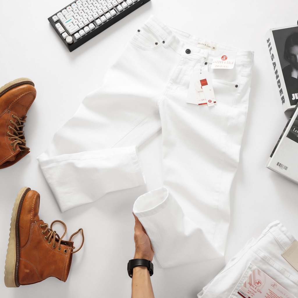 Quần kaki Jean trắng Jacobs & cole vải chính phẩm dày dặn có thun co dãn form slimfit