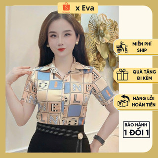 Áo Sơ Mi Nữ Cộc Tay Màu Xanh Be Lụa Cổ Bẻ, Hoạ Tiết Dễ Phối Đồ, Tôn da Eva Shop