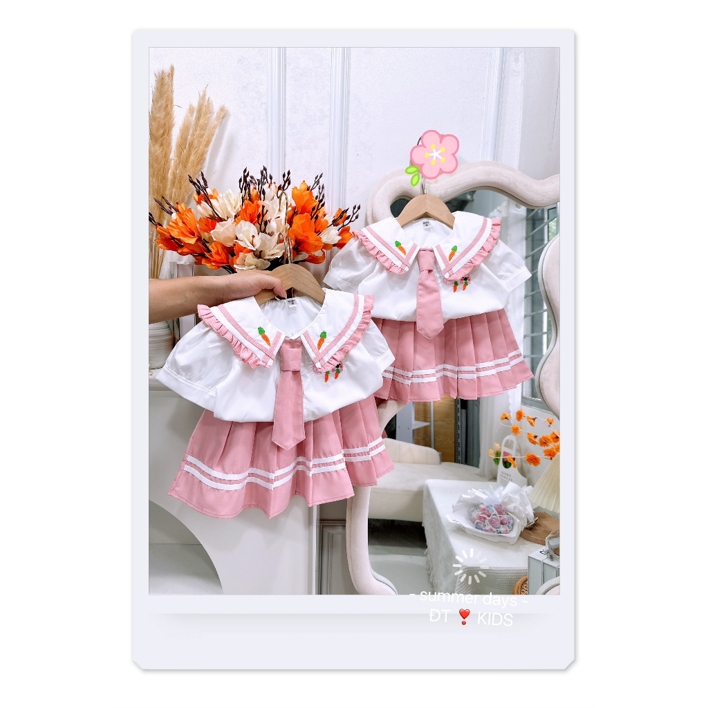 Set học sinh, set áo sơ mi thêu kèm chân váy cho bé gái đi học đi chơi