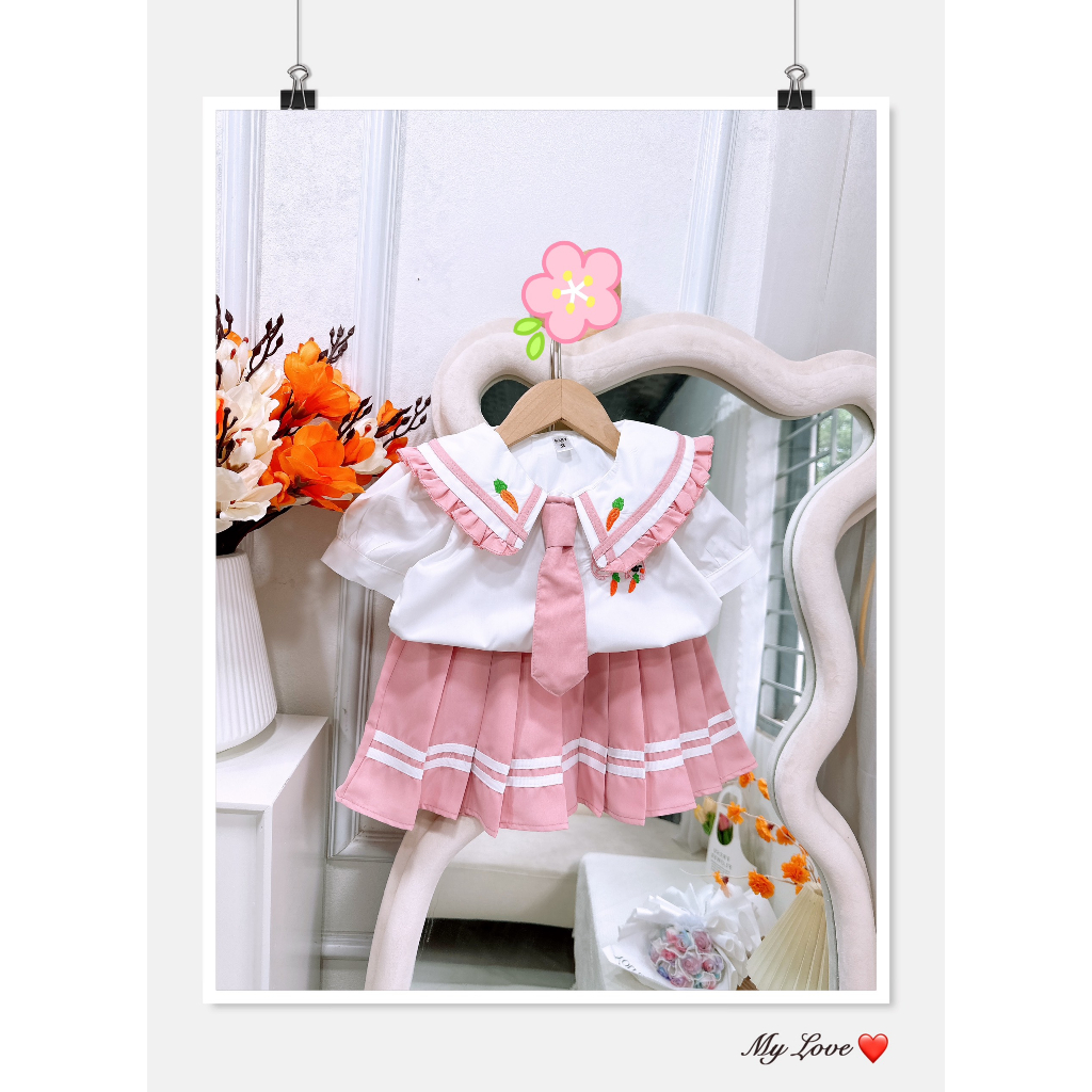 Set học sinh, set áo sơ mi thêu kèm chân váy cho bé gái đi học đi chơi