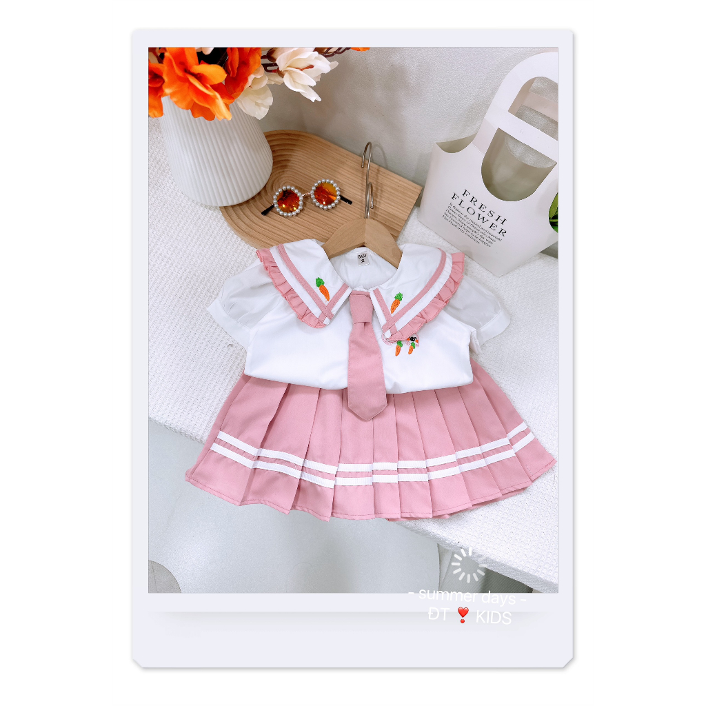 Set học sinh, set áo sơ mi thêu kèm chân váy cho bé gái đi học đi chơi