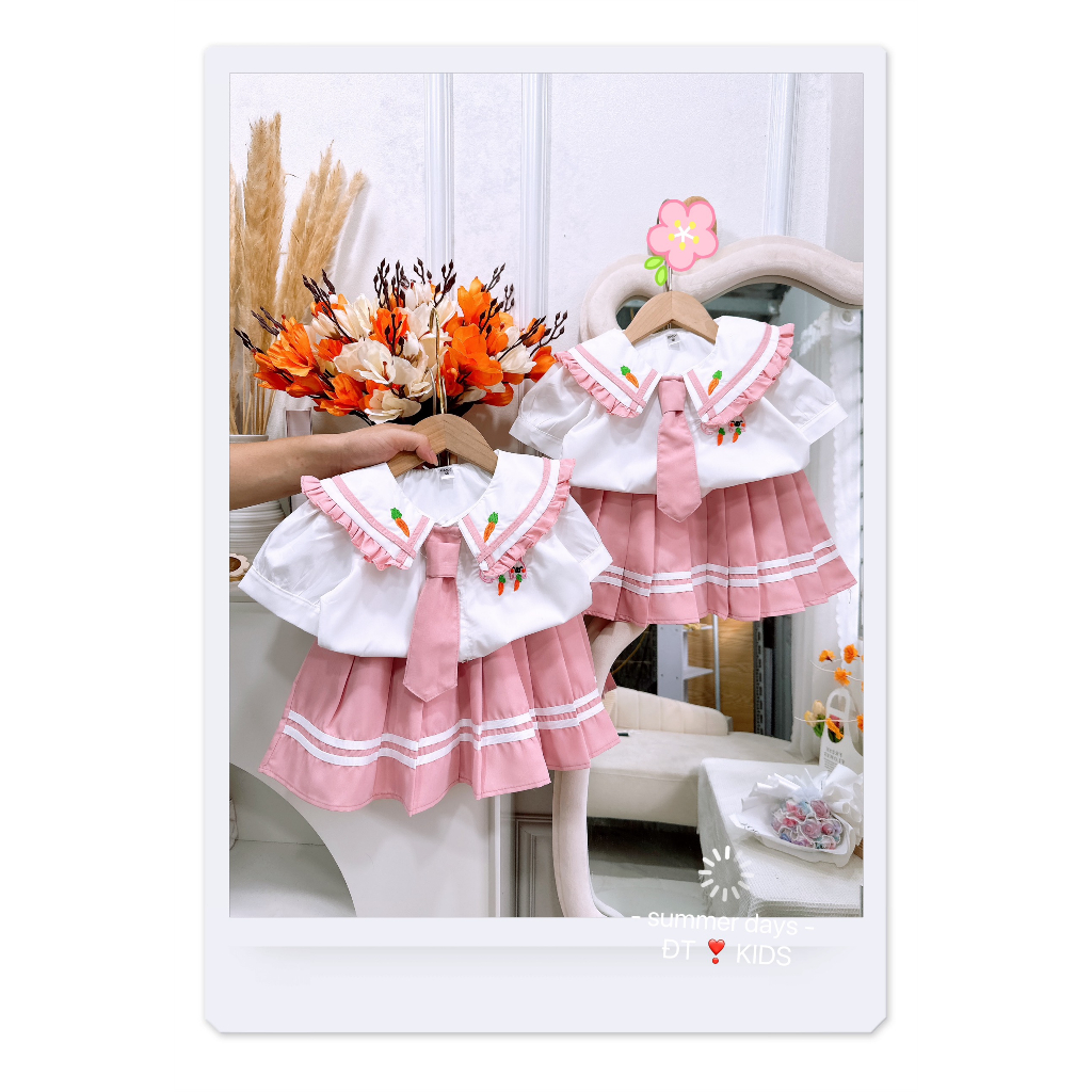 Set học sinh, set áo sơ mi thêu kèm chân váy cho bé gái đi học đi chơi