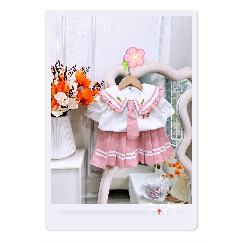 Set học sinh, set áo sơ mi thêu kèm chân váy cho bé gái đi học đi chơi