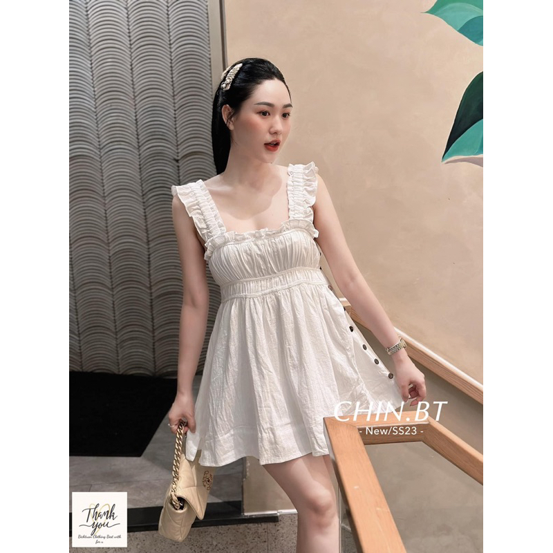 Váy Đũi Dập Ly Bèo Khuy Gỗ Phạm Nhi