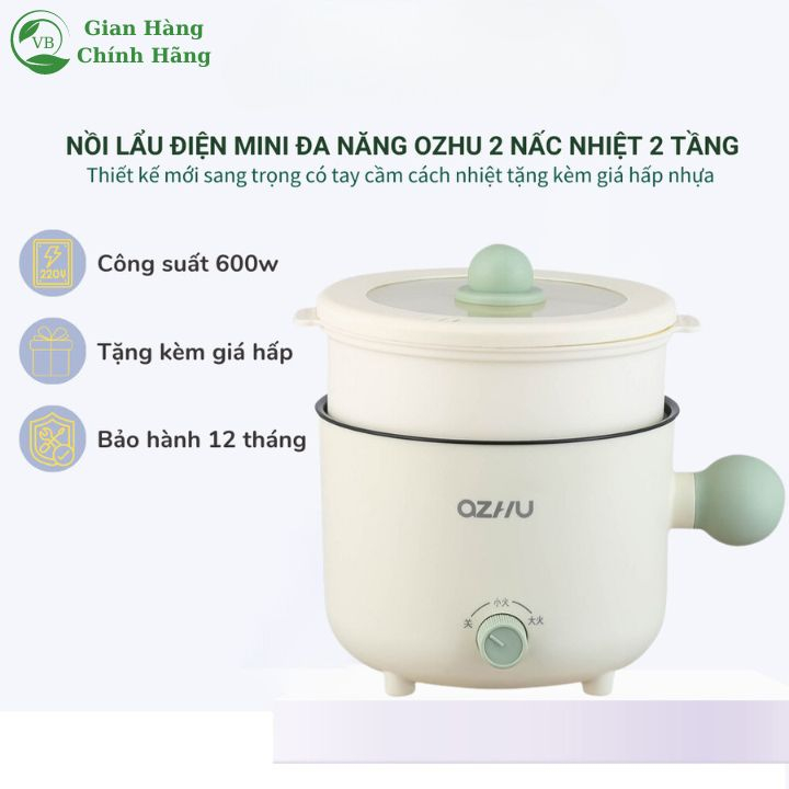Nồi lẩu điện mini đa năng Ozhu, ca nấu mì 2 nấc nhiệt dung tích 1.8L công suất 600W