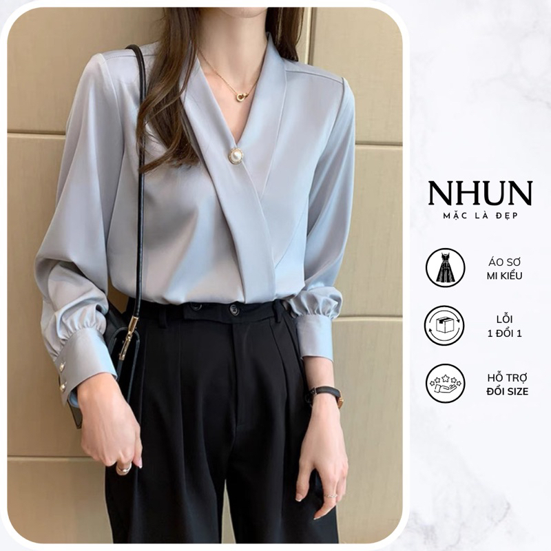 Áo sơ mi lụa NhunFashion Sơ mi nữ cổ chéo phong cách công sở thanh lịch thiết kế dài tay cúc ngọc chất mềm min N122