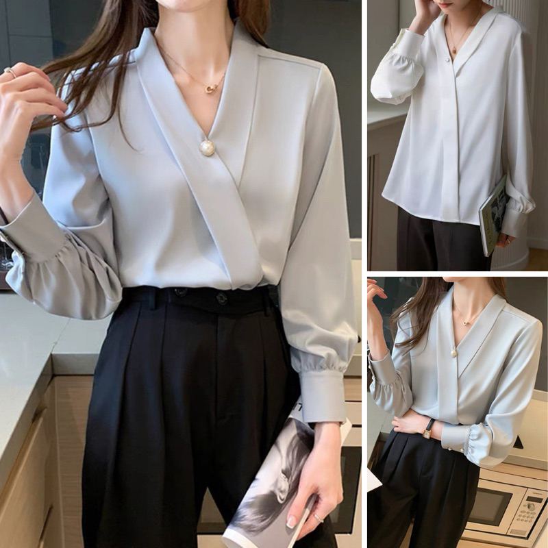 Áo sơ mi lụa NhunFashion Sơ mi nữ cổ chéo phong cách công sở thanh lịch thiết kế dài tay cúc ngọc chất mềm min N122 | BigBuy360 - bigbuy360.vn