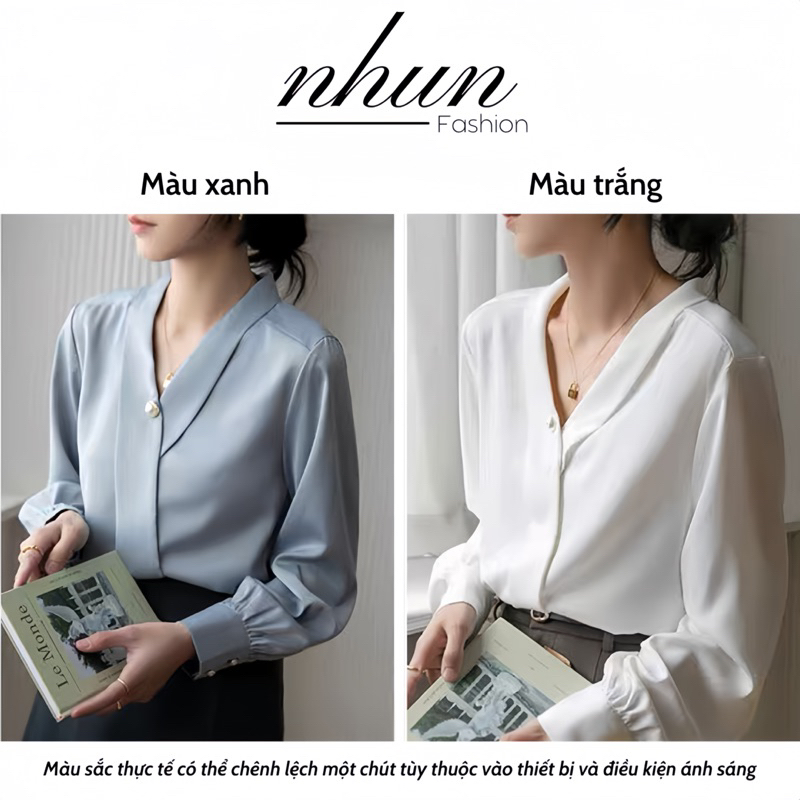 Áo sơ mi lụa NhunFashion Sơ mi nữ cổ chéo phong cách công sở thanh lịch thiết kế dài tay cúc ngọc chất mềm min N122 | BigBuy360 - bigbuy360.vn