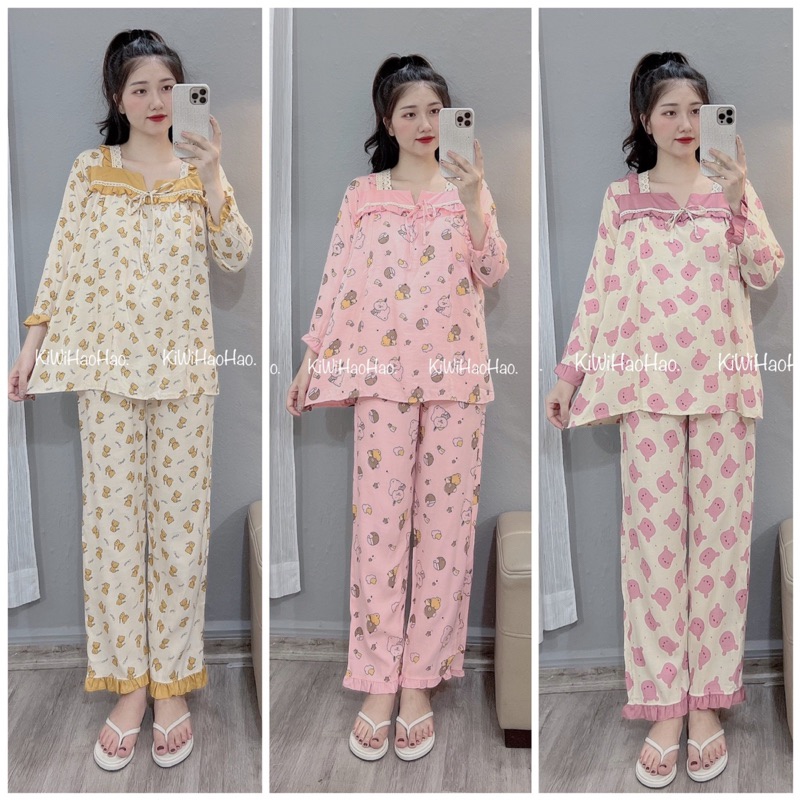 BỘ BẦU SAU SINH ĐŨI CỔ V REN HÌNH GẤU