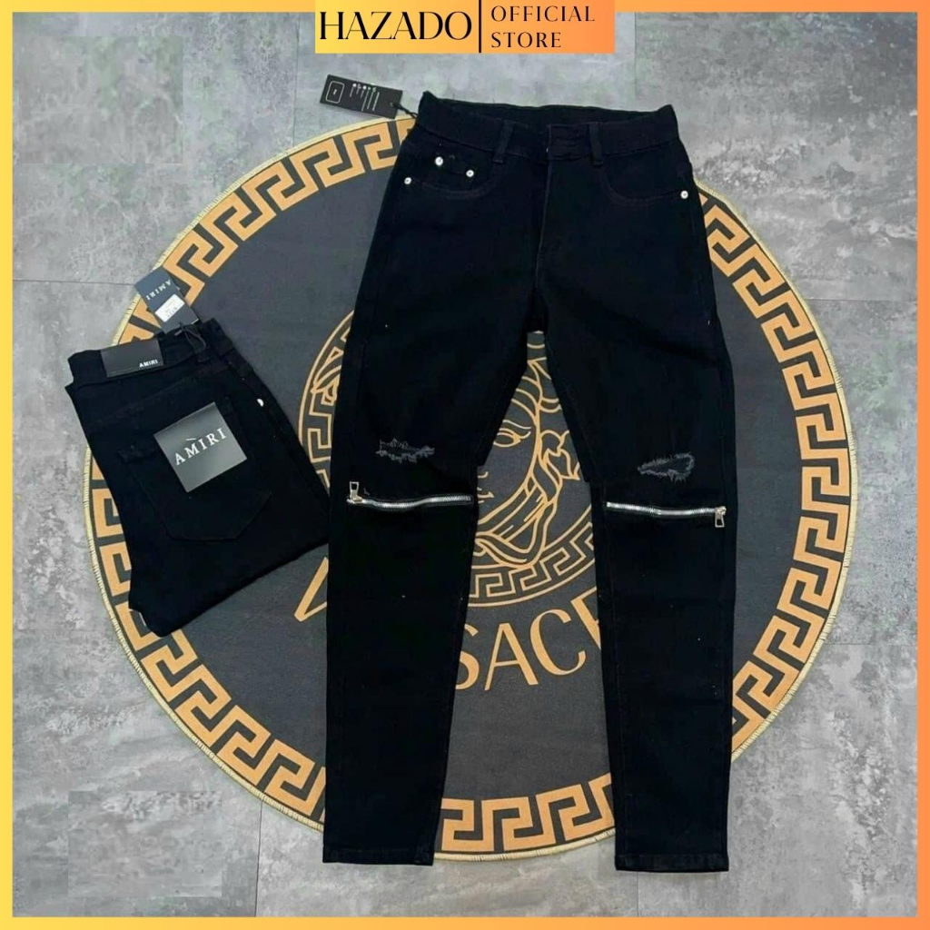Quần jean nam đen vá da rách gối chất bò co giãn cao cấp vải dày form chuẩn phong cách thời trang HAZADO_HZD111