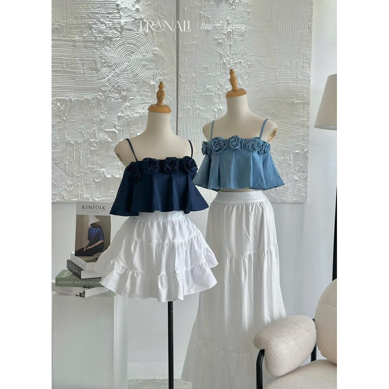 SET ÁO JEAN DENIM ĐÍNH HOA NGỰC 2 DÂY KÈM CHÂN VÁY TRẮNG