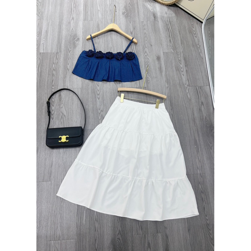 SET ÁO JEAN DENIM ĐÍNH HOA NGỰC 2 DÂY KÈM CHÂN VÁY TRẮNG
