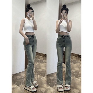 Quần bò jeans nữ ống loe cạp cao co dãn 4 chiều loe xẻ gấu, loe may gấu, loe cắt gấu NC Clothing