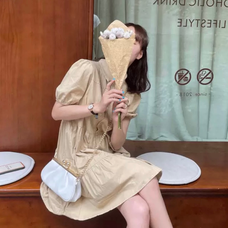 Đầm babydol cổ sơ mi dáng ngắn xanh biển kem xám