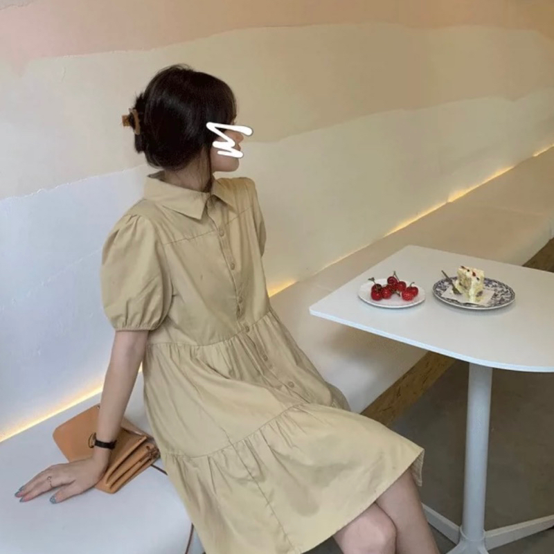 Đầm babydol cổ sơ mi dáng ngắn xanh biển kem xám