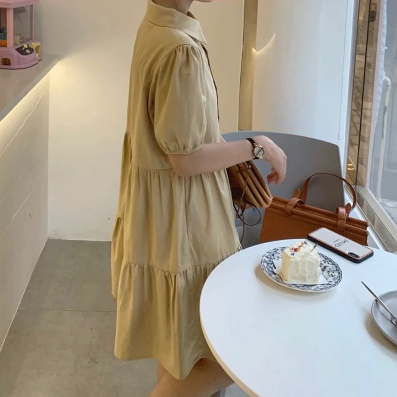 Đầm babydol cổ sơ mi dáng ngắn xanh biển kem xám