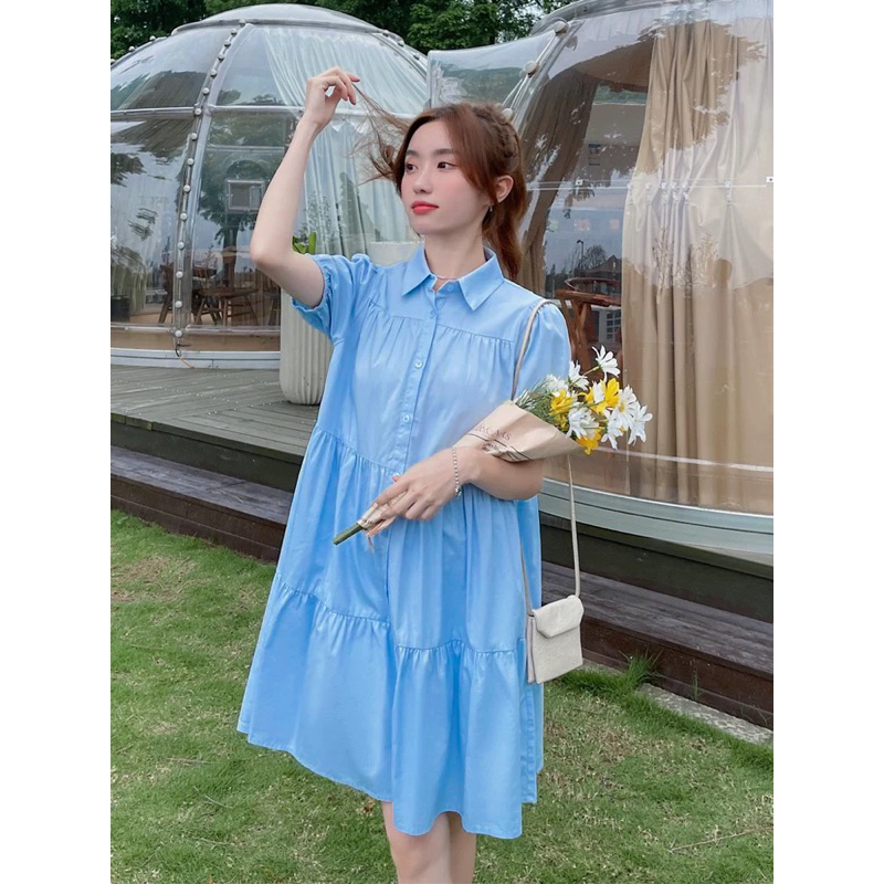 Đầm babydol cổ sơ mi dáng ngắn xanh biển kem xám