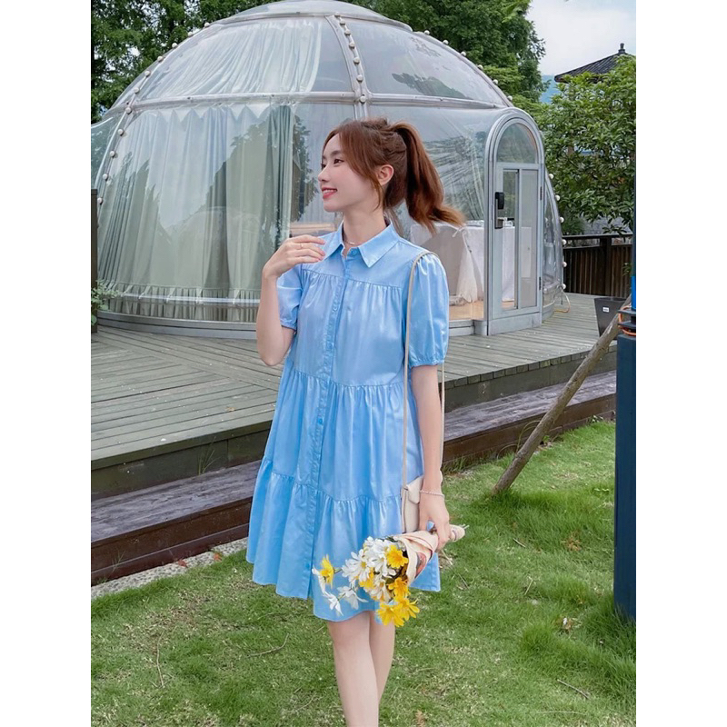 Đầm babydol cổ sơ mi dáng ngắn xanh biển kem xám