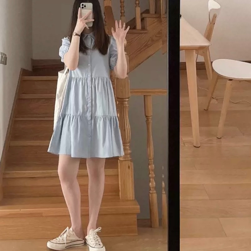 Đầm babydol cổ sơ mi dáng ngắn xanh biển kem xám