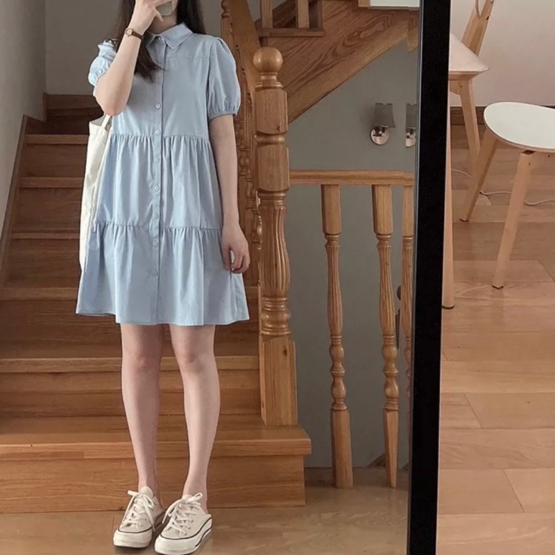 Đầm babydol cổ sơ mi dáng ngắn xanh biển kem xám